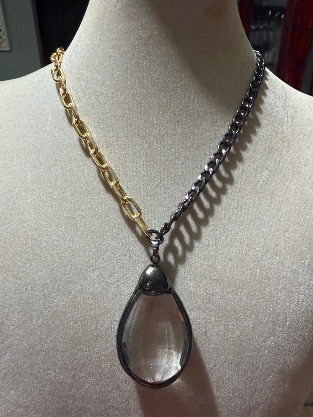 Two-Tone Gold and Black Chain Necklace with Clear Teardrop Pendant